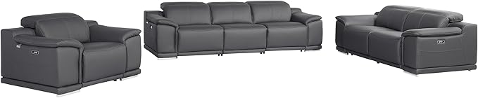 BlackJack Furniture Venice Top Grain Italian Leather 6 Power Recliner Seaters 3 Piece Sofa Set with Adjustable Headrests Modern Seating Sofa, Loveseat and Chair for Living Room Lounge, Dark Grey
