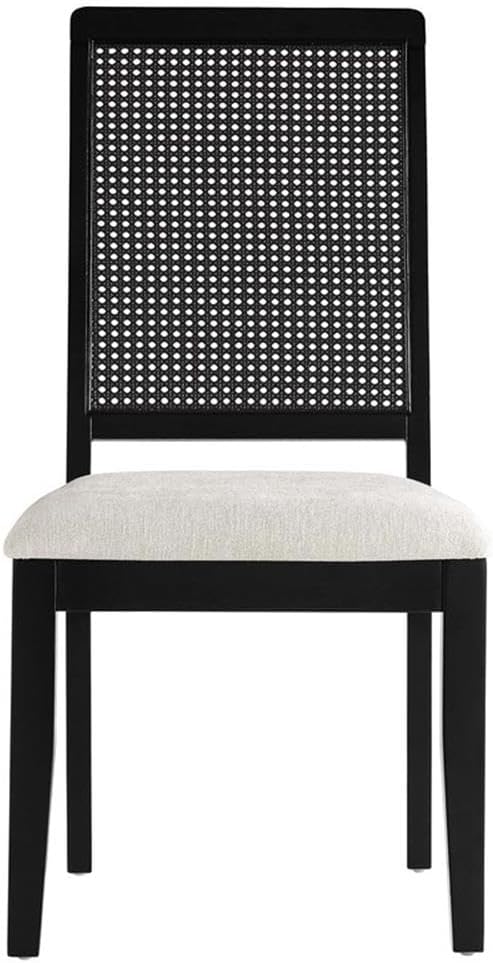 Modway Arlo Wood and Faux Rattan Dining Chairs Set of 2 in Black Black Heathered Weave Ivory - Modern Farmhouse Accent Chairs - Fabric Upholstered Chairs for Dining Room