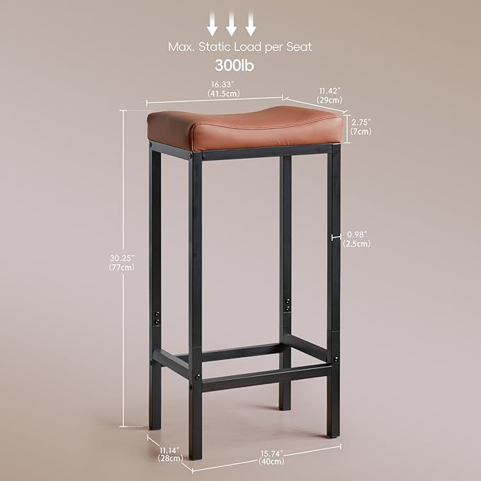 Counter Height Bar Stools Set of 2, 30 Inch Bar Stools for Kitchen Counter, Faux Leather Bar Stool, Saddle Barstool with Footrest & Heavy-Duty Metal Base, Easy Assembly, Brown