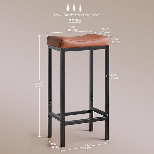 Counter Height Bar Stools Set of 2, 30 Inch Bar Stools for Kitchen Counter, Faux Leather Bar Stool, Saddle Barstool with Footrest & Heavy-Duty Metal Base, Easy Assembly, Brown