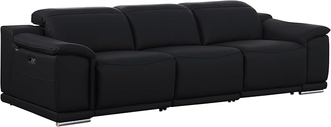 BlackJack Furniture Venice Top Grain Italian Leather Dual Power Recliner Sofa - 107" Theater Seating Modern Couch for Living Room Apartment Lounge Home with Adjustable Headrests & USB Port, Black