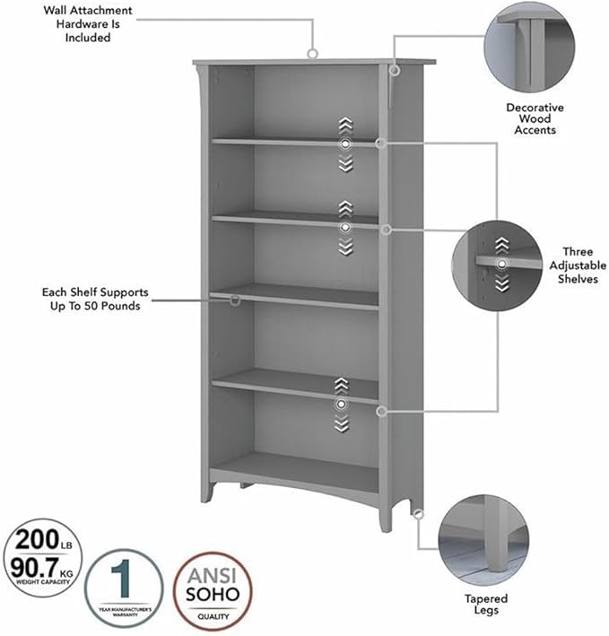 Bush Home Salinas Tall 5 Shelf Bookcase - Set of 2 in Cape Cod Gray, Vertical Office Storage, Bookshelves for Home Workspace, Multi-Purpose Shelving Units
