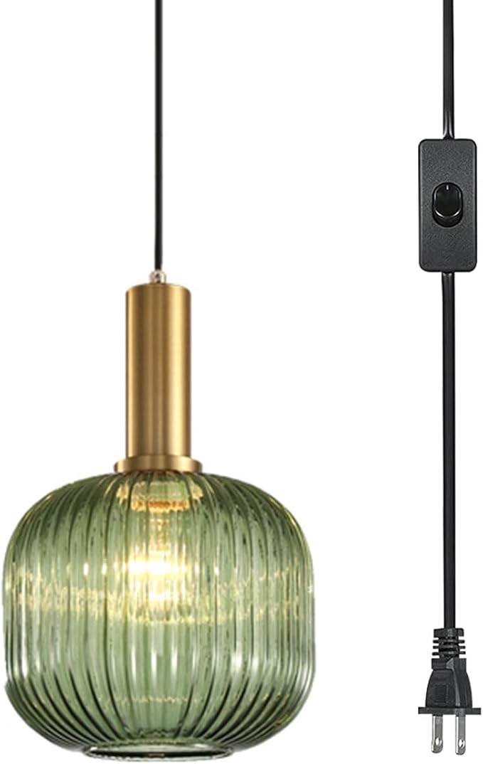 Plug in Pendant Light Green Glass Hanging Lights with Plug in Cord Vintage Gold Hanging Pendant Light Mid Century Modern Ceiling Hanging Lamp for Kitchen Island Dining Room Living Room Bedroom