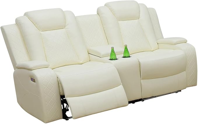 Power Recliner Loveseat, Air Leather Reclining Couch with LED/Cup Holders/Storage, 2-Seater Reclining Sofa, Creamy White Leather Couch for House/Apartment/Office