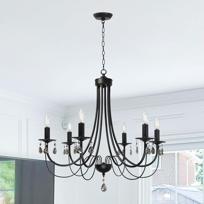 Black Chandeliers for Dining Room 6-Light Pendant Lights Modern Candle Chandelier with Brown Crystal Elegant Ceiling Lighting Fixtures Height Adjustable
