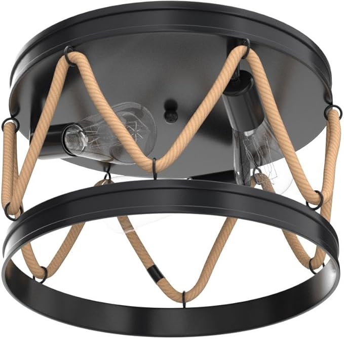 Industrial 3-Light Farmhouse Ceiling Light Fixture with Rope Shade, Rustic Vintage Black Metal Round Ceiling Lamp for Dining Room, Hallway, Foyer, Bedroom, Entryway