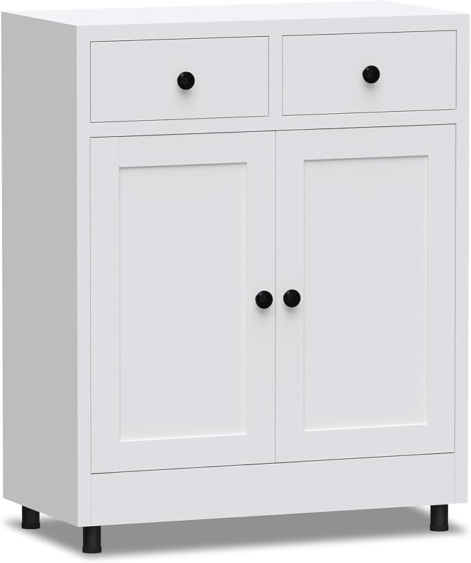 Metal Storage Cabinet with 2 Drawers and Adjustable Shelf, Sideboard Buffet Cabinet for Home, Office, Hallway, Entryway, Living Room, Kitchen Pantry and Dining Room (White)