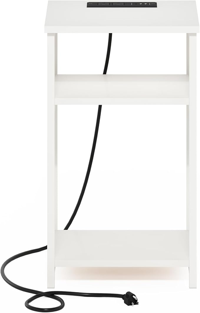 Furinno Moretti Side Table, 3-Tier Modern End Table with Charging Station, Metal Frame Night Stand, Bedside Table with USB and Type-C Charging Port, for Living Room, Bedroom, White