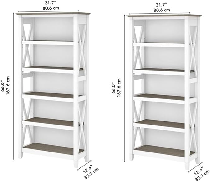 Bush Home Key West 5 Shelf Bookcase - Set of 2 | Tall Bookshelves in Pure White and Shiplap Gray | Sturdy Display Shelves for Library, Living Room, and Home Office