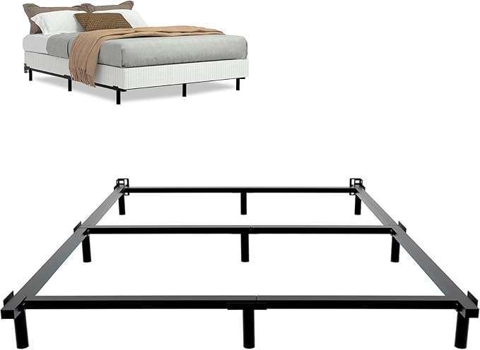 DTIG 7 Inch King Size Metal Bed Frame for Box Spring and Mattress 9-Leg Base Heavy Duty Bed Frame Tool-Free Easy Assembly Box Spring Base Black