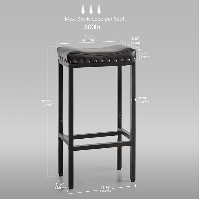 Counter Height Bar Stools Set of 2, 30 Inch, Industrial Vintage Bar Stool with Nailhead, Faux Leather Barstool with Footrest, Saddle Stool for Kitchen Island, Dining Room, Easy Assembly