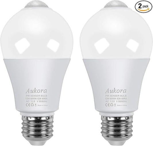 Aukora Motion Sensor Light Bulbs, 12W (100-Watt Equivalent) E26 Motion Activated Dusk to Dawn Security Bulb Outdoor/Indoor for Front Door Porch Garage Basement Hallway Closet(Cold White 2 Pack)