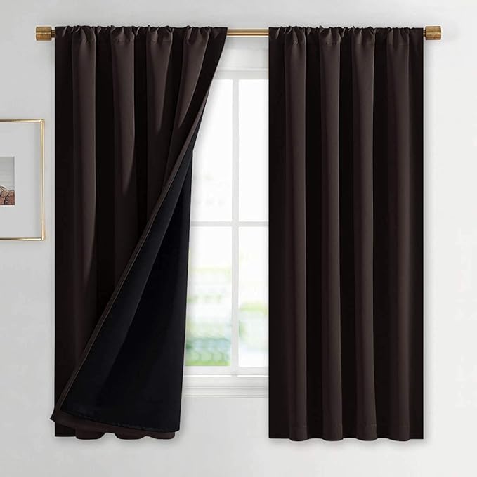 NICETOWN Complete 100% Blackout Curtains, Thermal Insulated & Energy Efficiency Window Draperies with Black Liner, Noise Reducing Drapes for Kids (Brown, 42 inches W by 63 inches L, Double Panels)