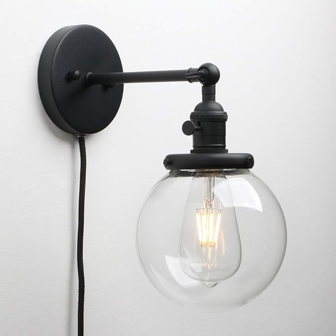 PERMO Plug in Wall Sconce with 5.9" Round Globe Clear Glass Shade and On/Off Switch Industrial Wall lamp Light Fixture 1-Light (Black)