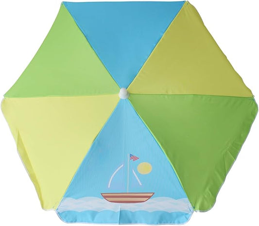 AMMSUN 5ft Seaside Umbrella for Sand Box Water Table - Kids Durable Umbrellas for children Picnic Beach Camping Garden Outdoor Play Shade (5ft Green Yellow Boat)