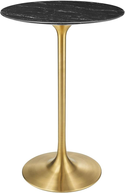 Modway Lippa Round 28" Artificial Marble Mid-Century Modern Bar Table in Gold Black