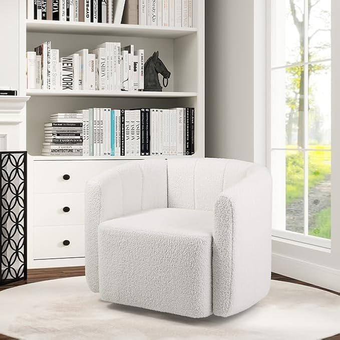 KOMFOTT Swivel Barrel Chair, Sherpa Fabric Accent Chair with Curved Backrest & Armrests, Upholstered Armchair with Wide Seat, Pumpkin Shaped Single Sofa Chair for Living Room, Bedroom, White