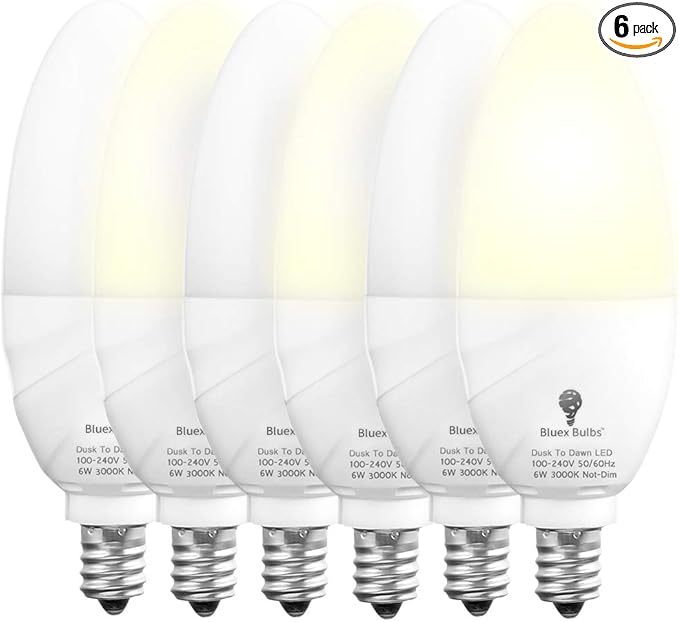 6 Pack BlueX Dusk to Dawn LED Bulbs, 6W E12 Base Light Bulb - 65W Equivalent – 3000K WarmLight White - Smart Light Sensor Candelabra Bulb, Home Security, Driveway, Yard, Porch Lighting