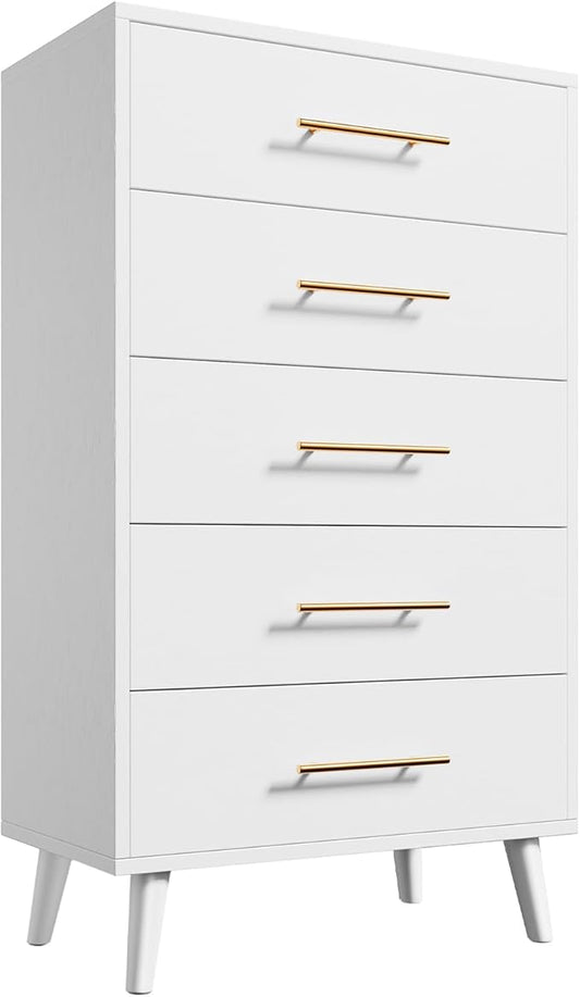 Aiho 5 Drawer Dresser, Tall Dresser with Metal Handles, Wood Storage Organizer for Bedroom, Hallway, or Entryway, White