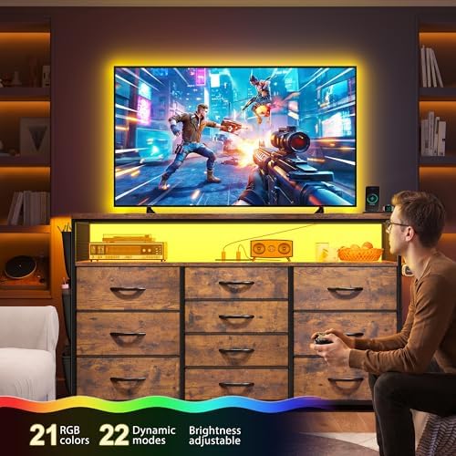 EnHomee 10-Drawer Dresser TV Stand for 55" TV with LED Lights, Power Outlets & Side Pockets (Rustic Brown)