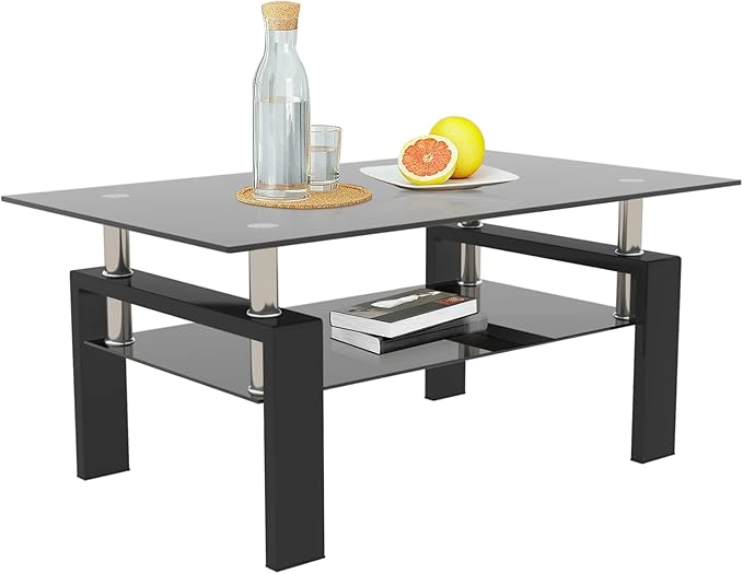 DKLGG Glass Coffee Table, Rectangle Center Table Living Room Tables with Lower Shelf, 2-Tier Modern Black Coffee Table w/Metal Tube Legs, Glass Tables for Living Room Waiting Area, All Black