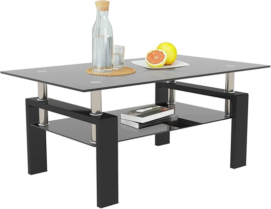 DKLGG Glass Coffee Table, Rectangle Center Table Living Room Tables with Lower Shelf, 2-Tier Modern Black Coffee Table w/Metal Tube Legs, Glass Tables for Living Room Waiting Area, All Black