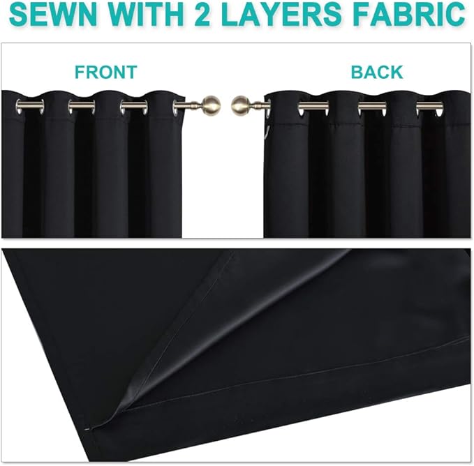 NICETOWN 100% Blackout Curtain for Kitchen, Thermal Insulated & Energy Efficiency Window Drapery with Black Liner, Noise Reducing Short Curtain for Kids Room (Black, 37-inch W by 63-inch L, 1 Panel)