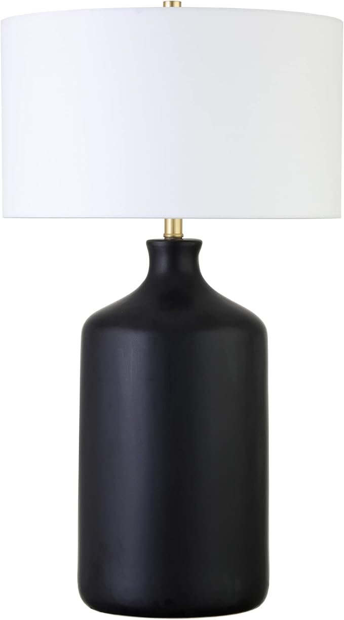 Henn&Hart 29" Transitional 1-Light Table Lamp with White Fabric Drum Shade for Living Room, Bedroom, or Office, Flat Black