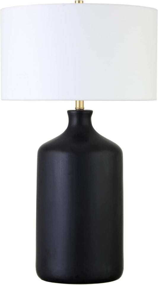 Henn&Hart 29" Transitional 1-Light Table Lamp with White Fabric Drum Shade for Living Room, Bedroom, or Office, Flat Black