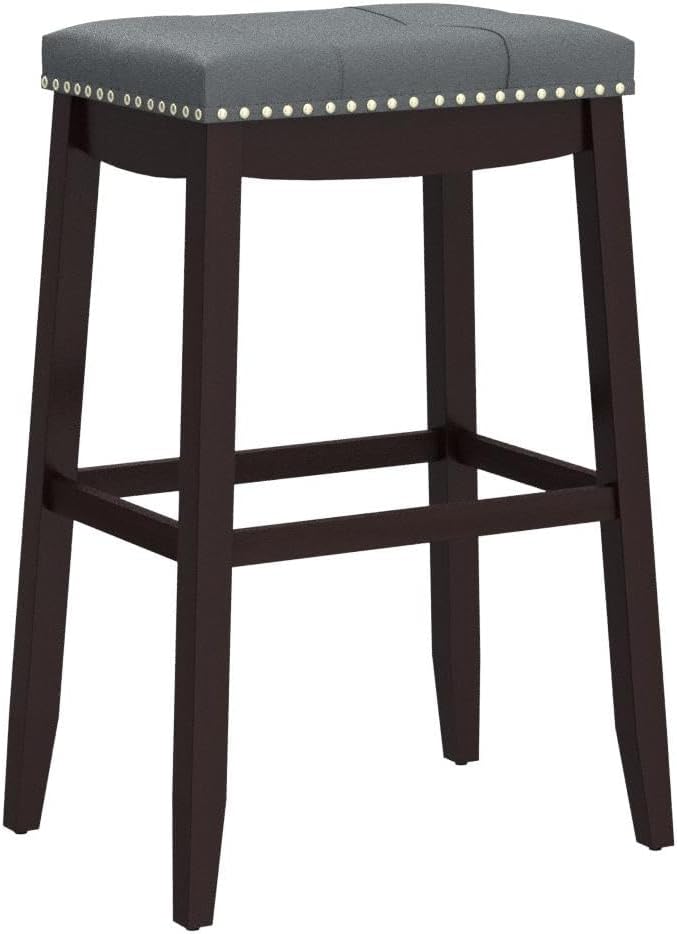 COSTWAY Bar Stools Set of 2, 29-Inch Height Backless Counter Stool with Footrest, Soft Seat Cushion, Wood Legs and Non-Slip Foot Pad, Saddle Stools for Home Kitchen Living Room, Stone Gray+Dark Brown