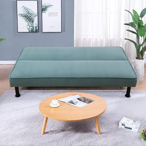 Futon Sofa Bed, Convertible Sofa Couch with Flannel Fabric Adjustable Backrest, Sleeper Couch Bed Loveseat with Curved Armrest for Living Room Bedroom Small Spaces, Green, 77.5"
