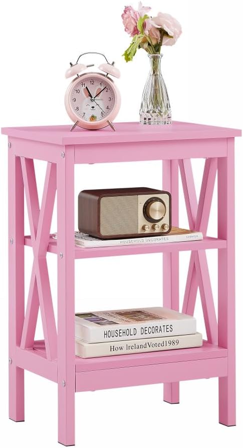 VECELO End Table, Bedside Table, 24" Tall Living Room End Tables, X-Design Reinforced Nightstands, Side Table with 3-Tier Storage Shelves for Small Spaces, Office, Bathroom, Bedroom, Pink