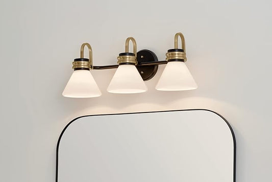 Kichler Farum 26 Inch 3 Light Vanity with Opal Glass in Black with Champagne Bronze Accents for Bathrooms and Powder Rooms, (26" W x 9.5" H x 9.5" D), 55155BK