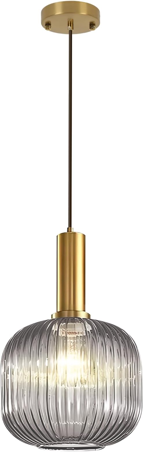 Smoke Gray Glass Pendant Lighting Kitchen Island Vintage Gold Pendant Lamp Mid Century 1-Light Adjustable Pendant Light Fixture Above Kitchen Sink Dining Table Bar Counter