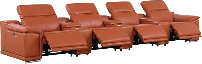 Blackjack Furniture Venice Top Grain Italian Leather Power Recline 7 Piece 4 Seater Sofa - 175" Theater Seating Modern Couch for Living Room Apartment with Adjustable Headrests & USB Port, Camel