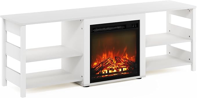 Furinno Classic 70 Inch TV Stand with Fireplace, White Emboss