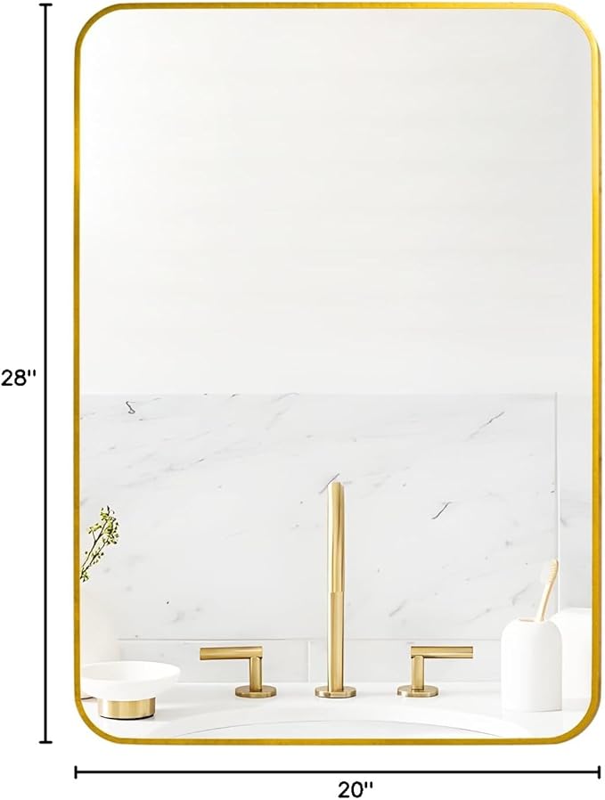 Manocorro Wall Mirror Bathroom Mirror, 20 x 28 Inch Vanity Mirror with Aluminum Alloy Frame, Rounded Corner Hanging Mirror Decor for Entryway, Bedroom, Living Room, Gold