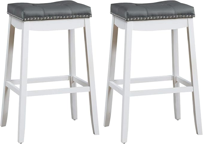 COSTWAY Bar Stools Set of 2, 29-Inch Height Backless Counter Stool with Footrest, Soft Seat Cushion, Wood Legs and Non-Slip Foot Pad, Saddle Stools for Home Kitchen Living Room, Stone Gray+White