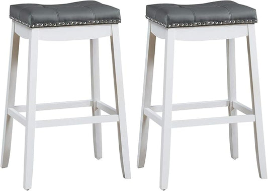 COSTWAY Bar Stools Set of 2, 29-Inch Height Backless Counter Stool with Footrest, Soft Seat Cushion, Wood Legs and Non-Slip Foot Pad, Saddle Stools for Home Kitchen Living Room, Stone Gray+White