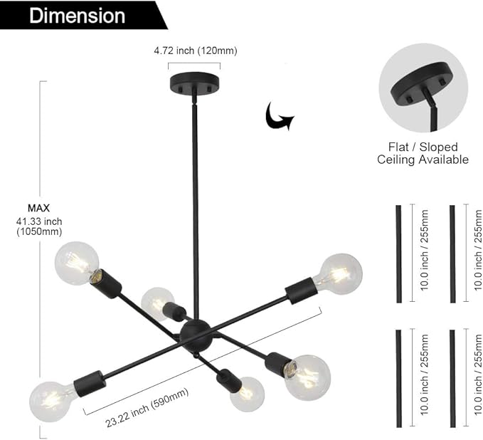 BONLICHT Sputnik Chandelier Lighting 6 Lights Black Chandelier Mid Century Pendant Light Vintage Industrial Kitchen Dining Room Ceiling Lighting Fixture for Bedroom Hallway Foyer Island Farmhouse