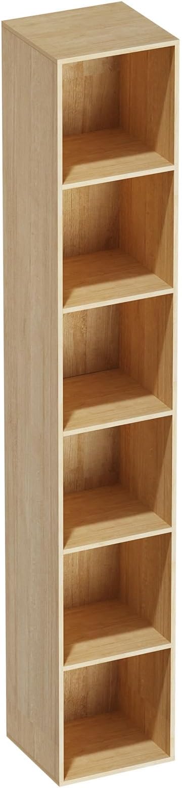 6 Tier Bookshelf, Open Tall Narrow Floor Standing Bookcase, Storage Organizer Bookshelves Freestanding Book Shelf for Living Room, Bedroom, Home Office (Oak, 6 Cube)