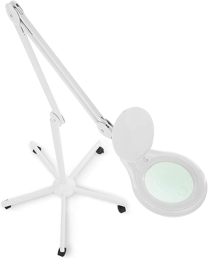 Neatfi LED Magnifying Floor Lamp 1,200 Lumens – 5” Bifocal Glass Lens, Dual Magnification 2.25X + 6X, Dimmable Task Light | Adjustable Arm, Rolling Base | Reading, Crafting & Sewing (White, 5 Inches)