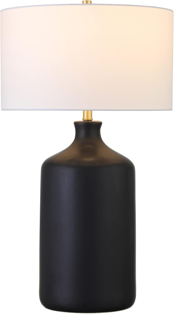 Henn&Hart 29" Transitional 1-Light Table Lamp with White Fabric Drum Shade for Living Room, Bedroom, or Office, Flat Black