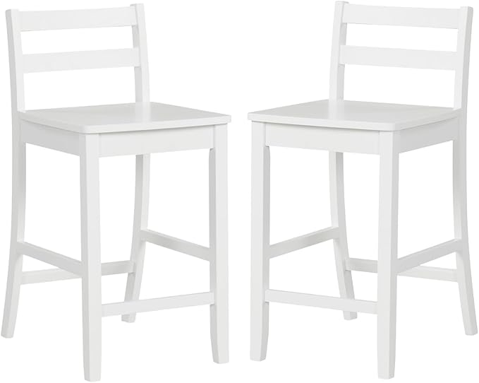ERGOMASTER Set of 2 Kitchen Island Bar Stools 24 Inch Height with Footrest - 400 lbs Capacity Rubber Wood Counter Stools for Breakfast Nook, Home Pub (White)