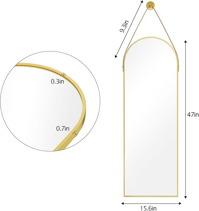 HARRITPURE 16"x48"Arched Mirror with Hanging Leather Strap Full Length Mirror Aluminum Frame Wall-Mounted Arch Hanging Mirrors for Bathroom Vanity Living Room Bedroom Entryway, Gold