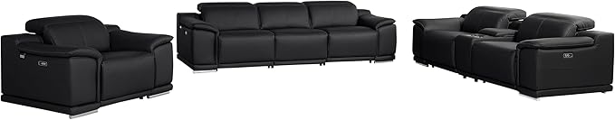 Blackjack Furniture Venice Top Grain Italian Leather Recliner 7 Seater 5 Power Reclining 3 Piece Sofa Set with Adjustable Headrests Modern Seating Sofa, Loveseat and Chair for Living Room , Black