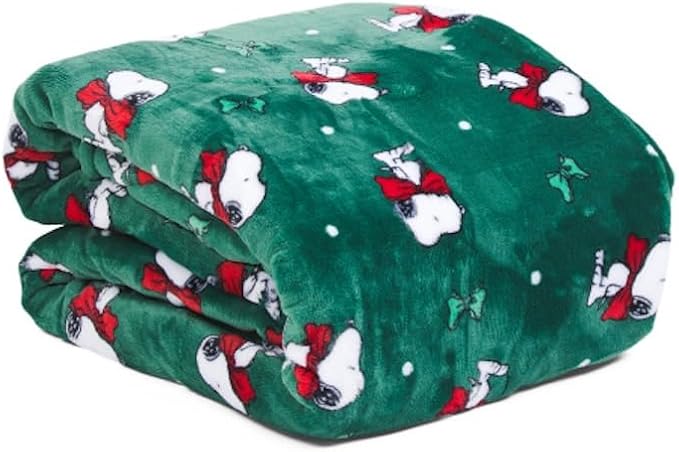 Berkshire Blanket & Home Co Peanuts Winter Blanket, Polyester (Green - Dog with Red Bows, Full/Queen)
