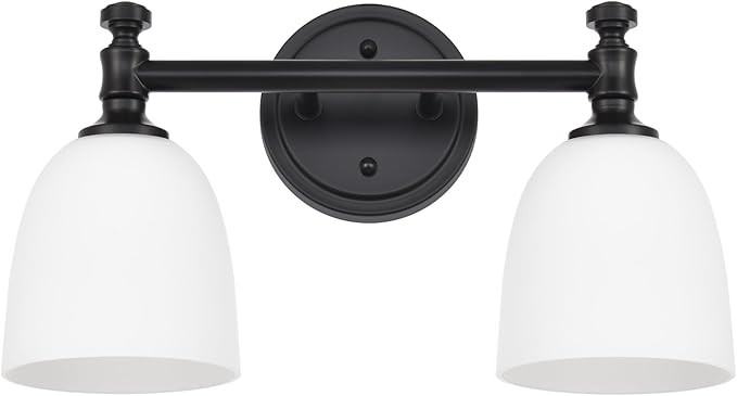Black Bathroom Vanity Light, 2-Light Bathroom Light Fixtures Over Mirror, Traditional Vanity Lights for Living Room, Milk White Bell Glass Shades, Standard E26 Base, Matte Black