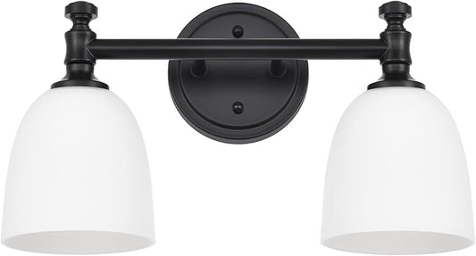 Black Bathroom Vanity Light, 2-Light Bathroom Light Fixtures Over Mirror, Traditional Vanity Lights for Living Room, Milk White Bell Glass Shades, Standard E26 Base, Matte Black