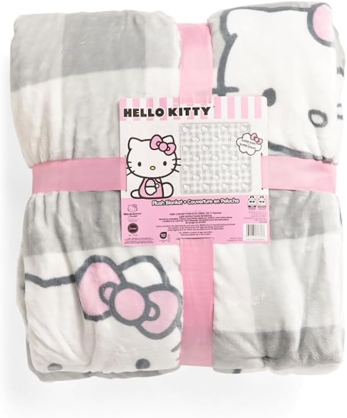 Jay Franco & Sons, Inc. Hello Kitty Blankets and Throws (Grey Plaid - Hello Kitty with Pink Bows, Twin)